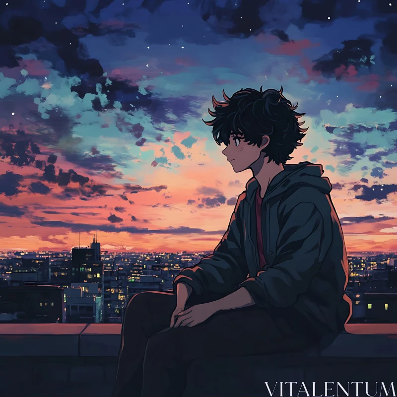 Anime Character in Thoughtful Solitude at Sunset AI Image