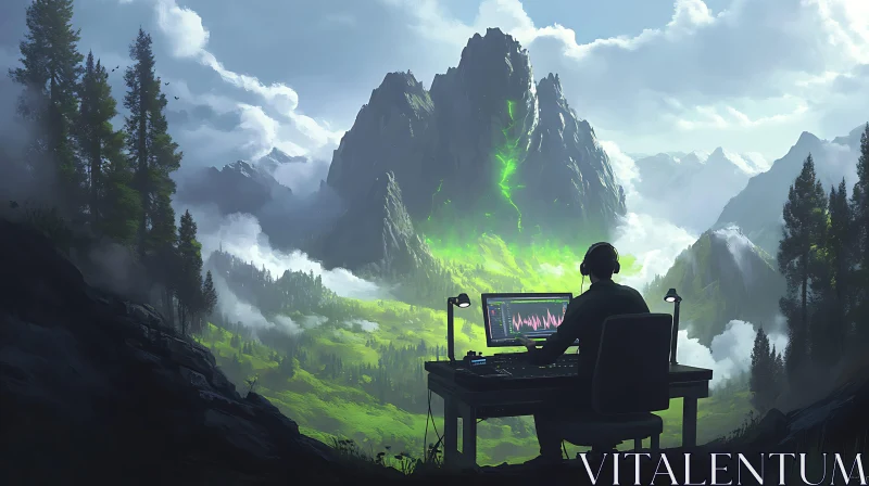 AI ART Scenic Mountain Workspace with Sound Waves