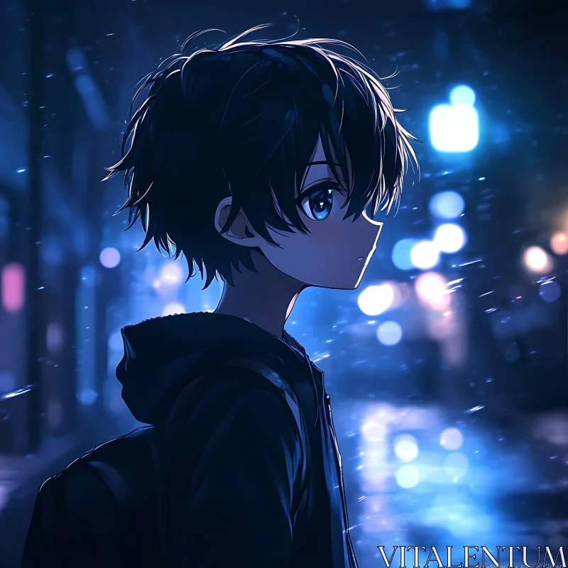 Melancholic Anime Boy in a Nighttime Urban Scene AI Image