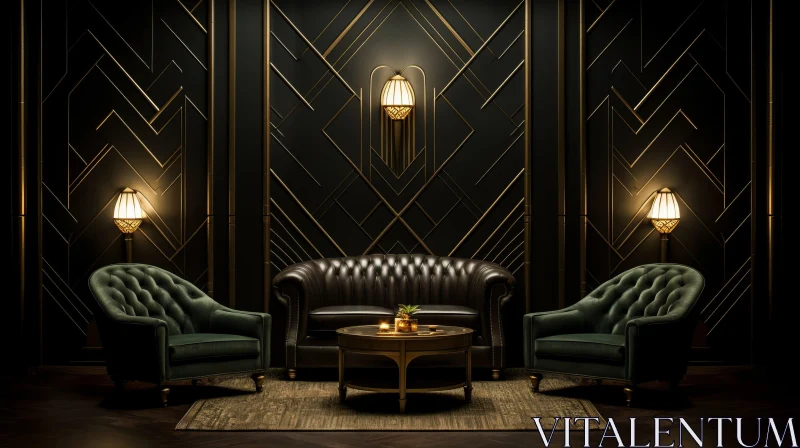 Luxurious Art Deco Inspired Sitting Area in Dark Gold and Green AI Image