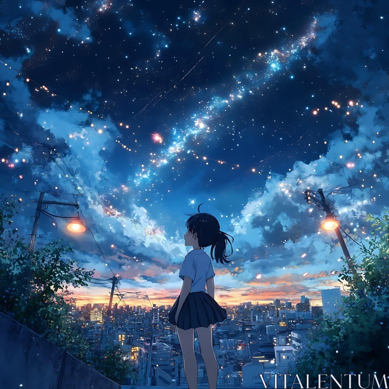 Anime Girl Under a Starry Night AI Image