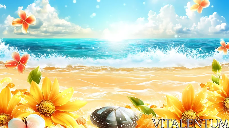 AI ART Floral Beach Scene with Ocean Waves