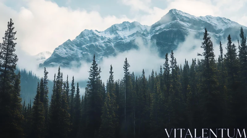 Snowy Peaks and Verdant Forest Landscape AI Image