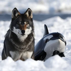 Winter Companions: Wolf and Killer Whale Portrait