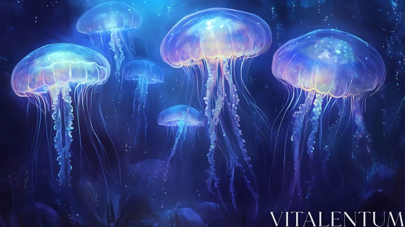 AI ART Glowing Jellyfish Underwater Scene