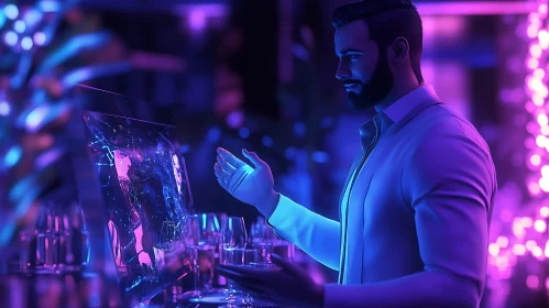 Man and Hologram in Neon Ambiance