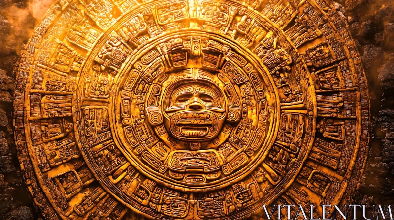 AI ART Detailed Golden Aztec Calendar Stone