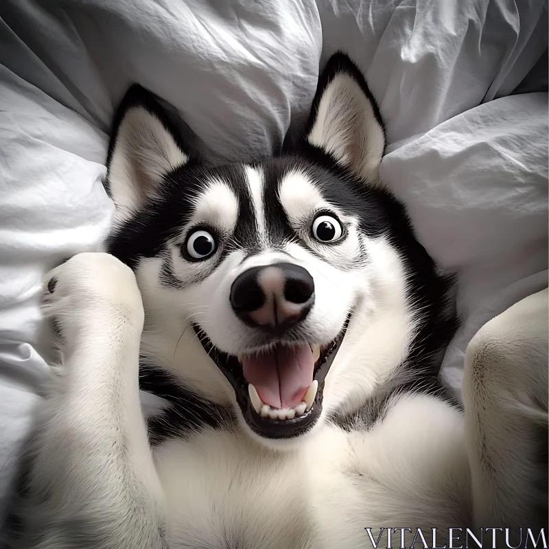 Happy Husky Close-Up on White Bed Sheets AI Image