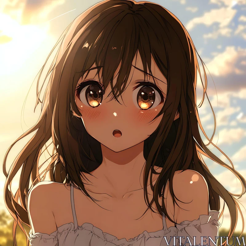 Expressive Anime Girl Against Sunset AI Image