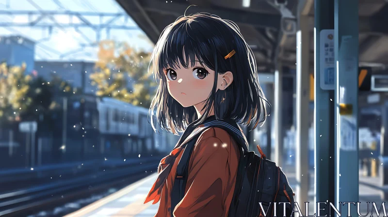 Autumn Train Station Anime Girl Illustration AI Image