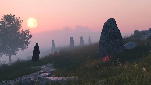 Cloaked Figure Among Ancient Standing Stones