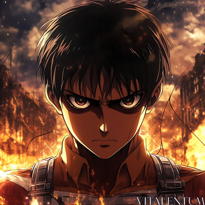 Determined Anime Hero Amidst Flames AI Image