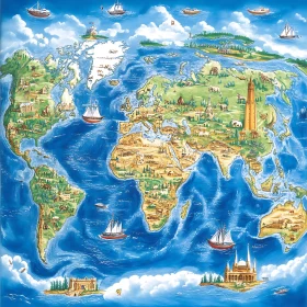 Illustrated World Map with Landmarks