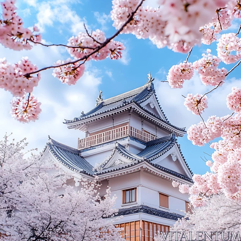 Traditional Japanese Fortress with Blooming Sakura AI Image