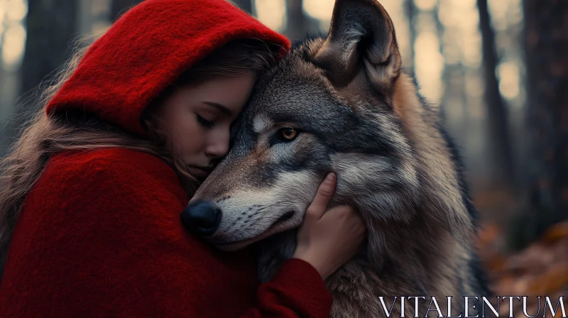 Girl and Wolf Embrace in Forest AI Image