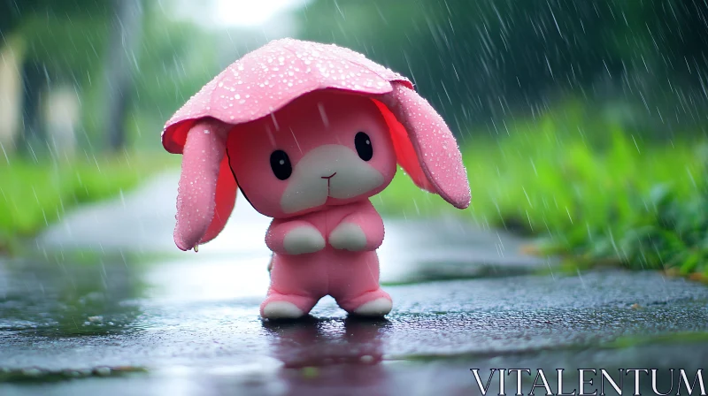 AI ART Rainy Day Bunny with Pink Umbrella