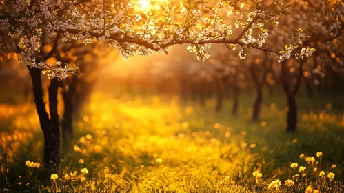 Blossom Trees in Sunny Meadow