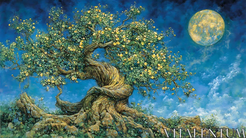 Blooming Tree and Moonlit Sky Art AI Image
