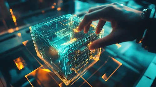 Digital Interface: Hand Interacting with Glowing Cube
