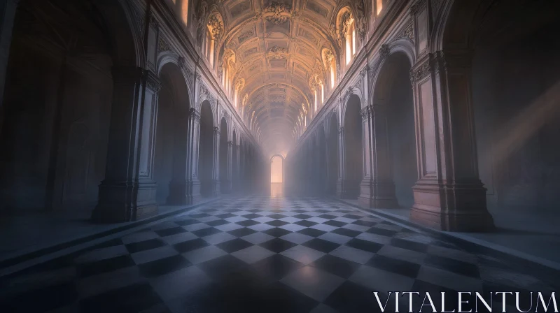 Ornate Hallway with Checkerboard Marble Floor AI Image