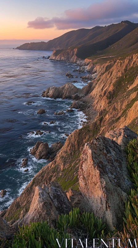 Seaside Sunset Over Rocky Cliffs AI Image