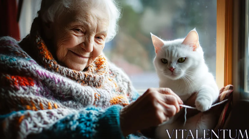 AI ART Elderly Woman and Cat Enjoying a Cozy Moment by the Window