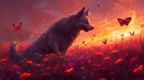 Sunset Meadow Wolf with Butterflies