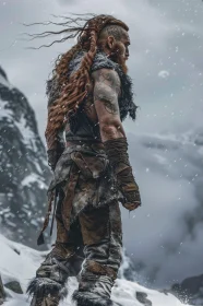 Tattooed Warrior in Snow-Covered Mountains