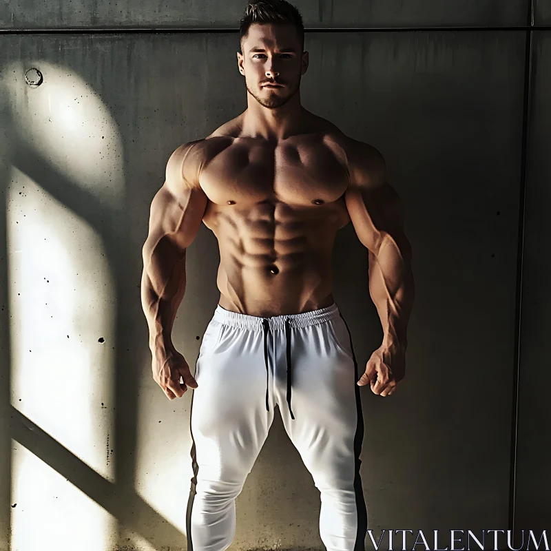 Sculpted Physique Against Concrete Backdrop AI Image