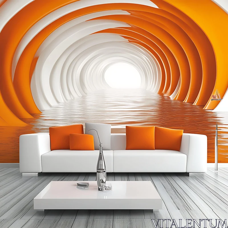 AI ART Contemporary Living Room with Futuristic White and Orange Tunnel Wall