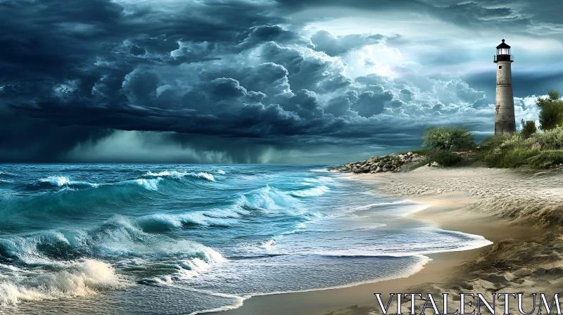 Storm Looms Over Lighthouse at the Beach AI Image