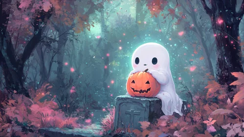 Mystical Forest with Cute Ghost and Carved Pumpkin