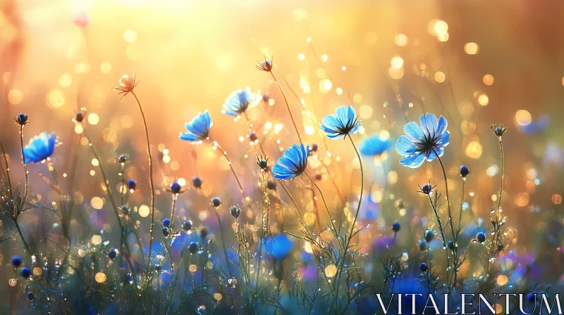 Sunlit Blue Flowers in a Dreamy Meadow AI Image