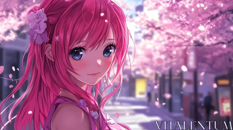 Serene Anime Girl in Cherry Blossom Street AI Image