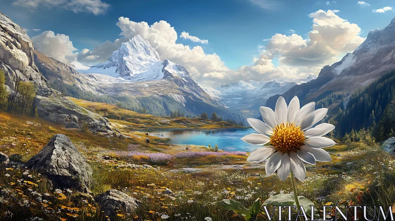 White Daisy with Mountain View AI Image