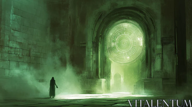 Ethereal Green Portal in Stone Chamber AI Image