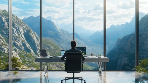 Workplace with Scenic Mountain Landscape