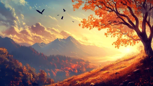 Autumnal Mountain Sunset with Birds