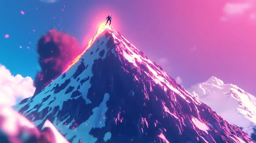 Mountain Climber Silhouette with Pink Sky