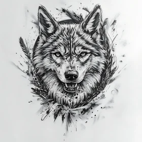 Monochrome Wolf Head with Feather Accents