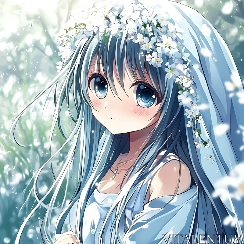 Serene Anime Girl in Spring with Blue Hair and Flower Crown AI Image