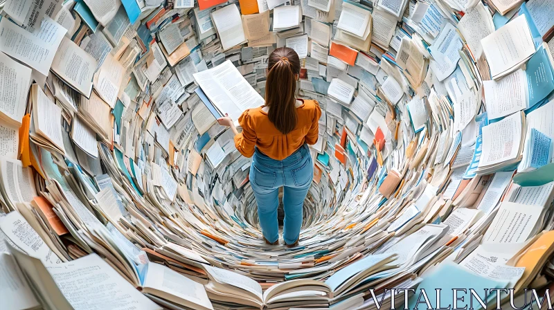 AI ART Swirling Pages: Woman Reading in Book Tunnel