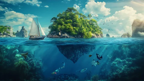 Ocean Island with Sailboat and Underwater Life