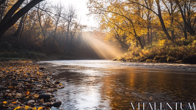 AI ART Peaceful Autumn River Landscape with Golden Sunlight