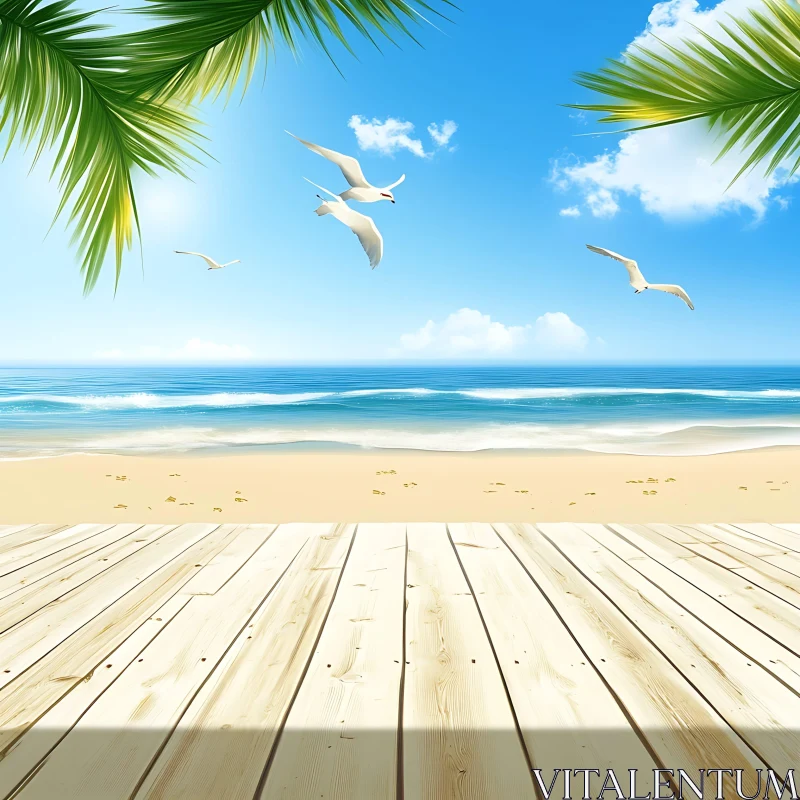 Seagulls Flying Over a Tropical Beach AI Image