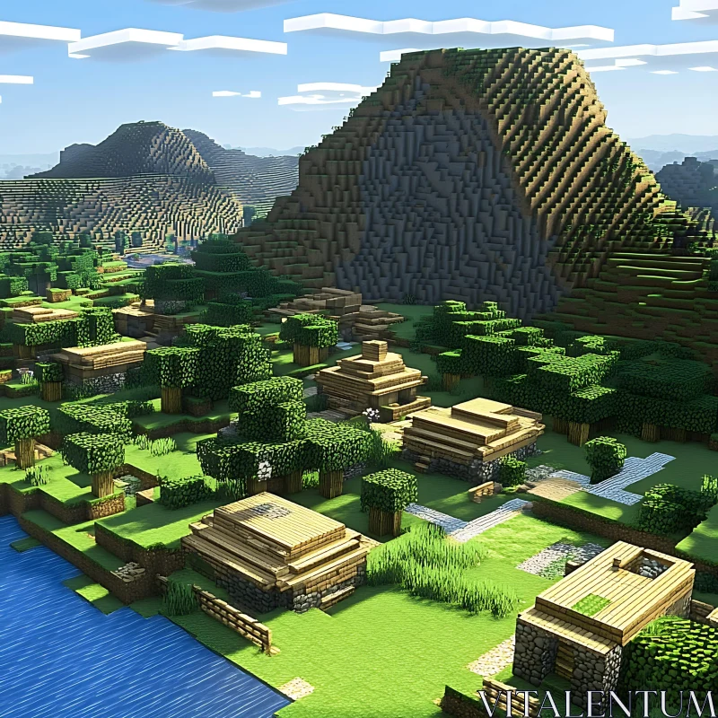 Pixelated Village in Minecraft World AI Image