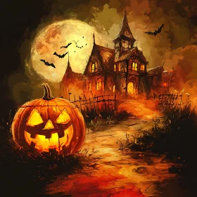 Spooky Pumpkin in front of Haunted House