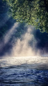 Peaceful River with Sunbeams and Mist