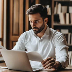 Man Reviewing Documents on Laptop