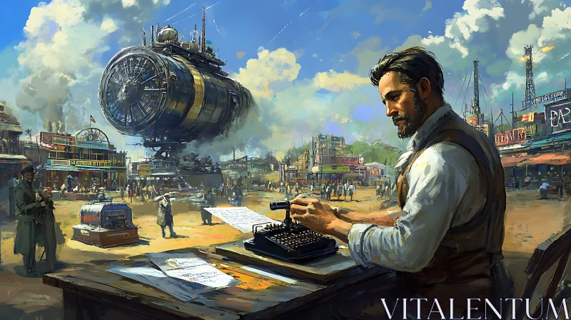 Man Typing in Steampunk City with Airship AI Image